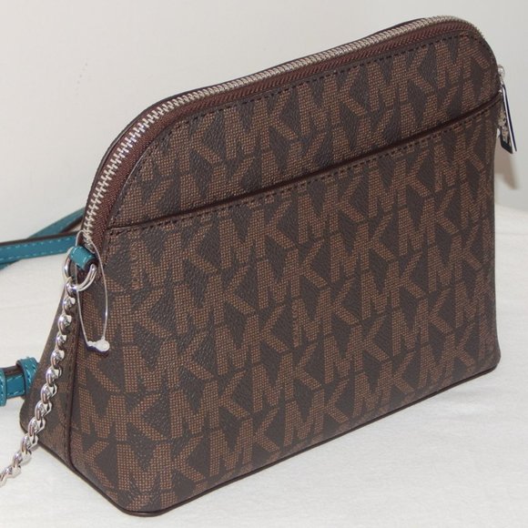 NWT MICHAEL KORS MK MONOGRAM Center Stripe CINDY LG Dome CHAIN XBODY BAG Cyan - Picture 6 of 8